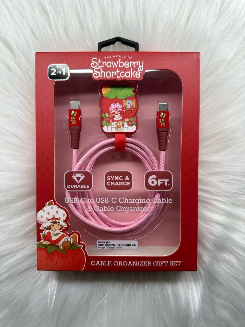 Strawberry Shortcake 6FT Pink USB-C to USB-C Charging Cable with Cable Organizer